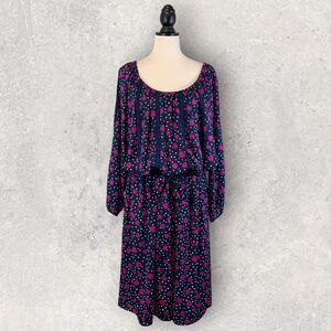 Vicky Tiel Blue Off Shoulder Dress Pink Heart Print Lace Trim Sleeve, Size 1X